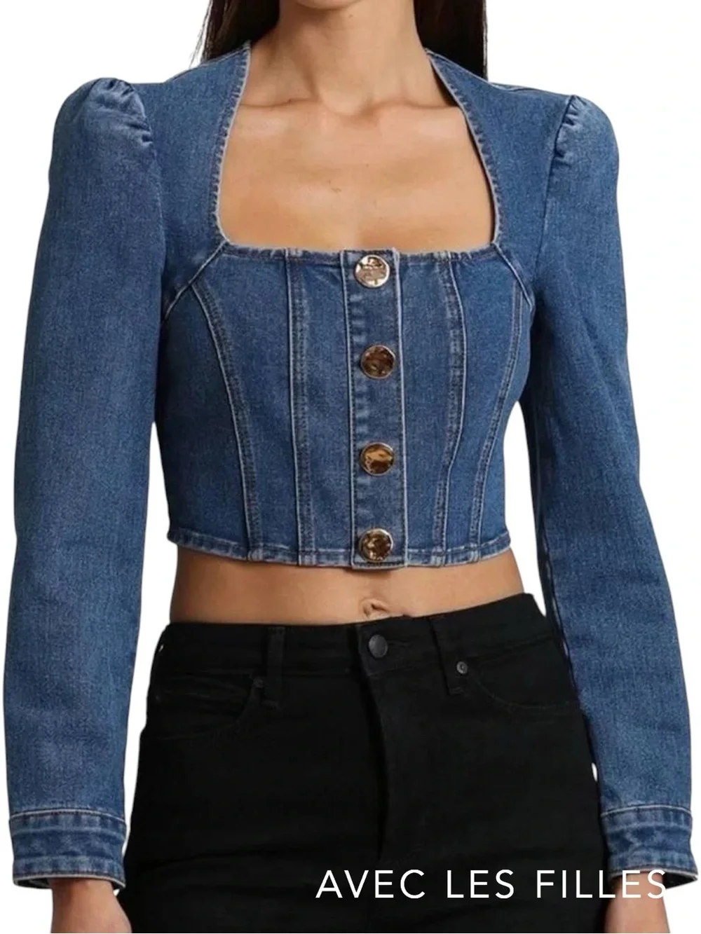 Avec Les Filles **NWT** Denim Puff Sleeve Square Neck Cropped Blue Jean Jacket - Picture 2 of 11